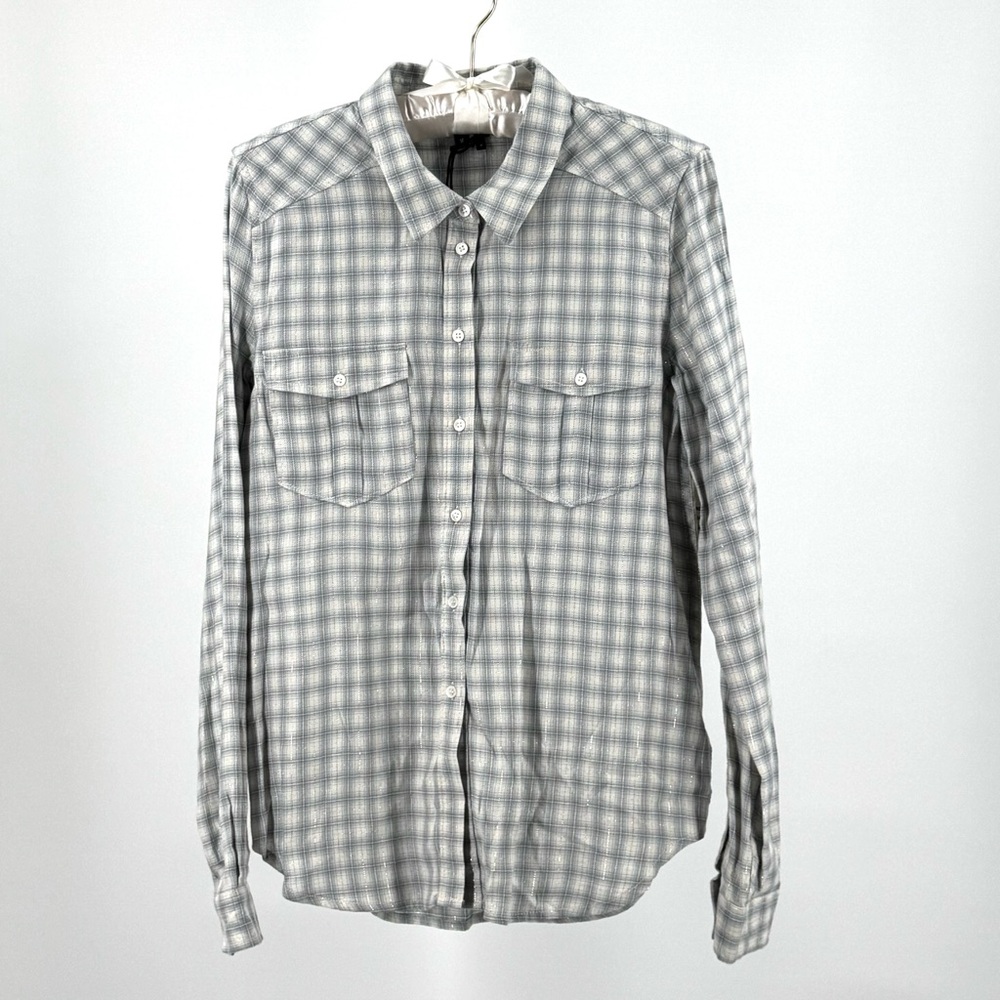 Paige Cream Blue Silver Sparkle Plaid Western Style Flannel Size M NWT